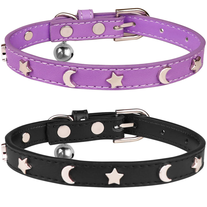 HLJ 2PCS Leather Cat CollarsCat Collar with Bells Stylish Moon &amp; Star Rivets Adjustable Kitten Collars Cat Collar for Boy&amp;Girl CatsBlack&amp;Purple(XS)