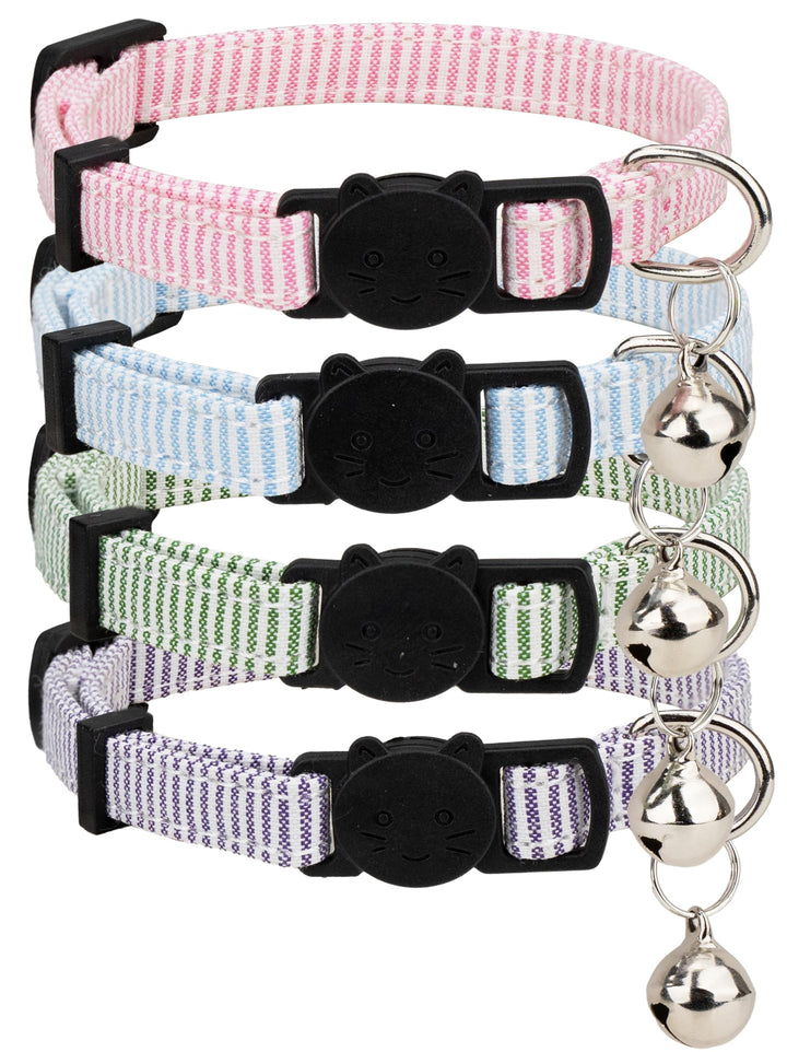 Gyapet Cat Collar 4 Packs Set Safety Breakaway Buckle Bell Kitten 7-11" Girl Boy Adjustbale Cute [4pcs] Pinstripe