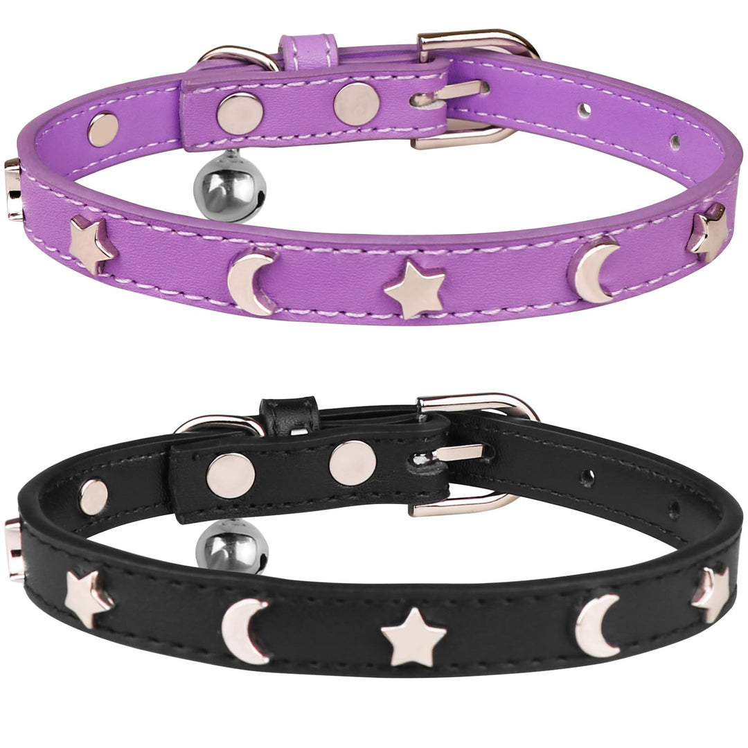 HLJ 2PCS Leather Cat CollarsCat Collar with Bells Stylish Moon &amp; Star Rivets Adjustable Kitten Collars Cat Collar for Boy&amp;Girl CatsBlack&amp;Purple(XS)