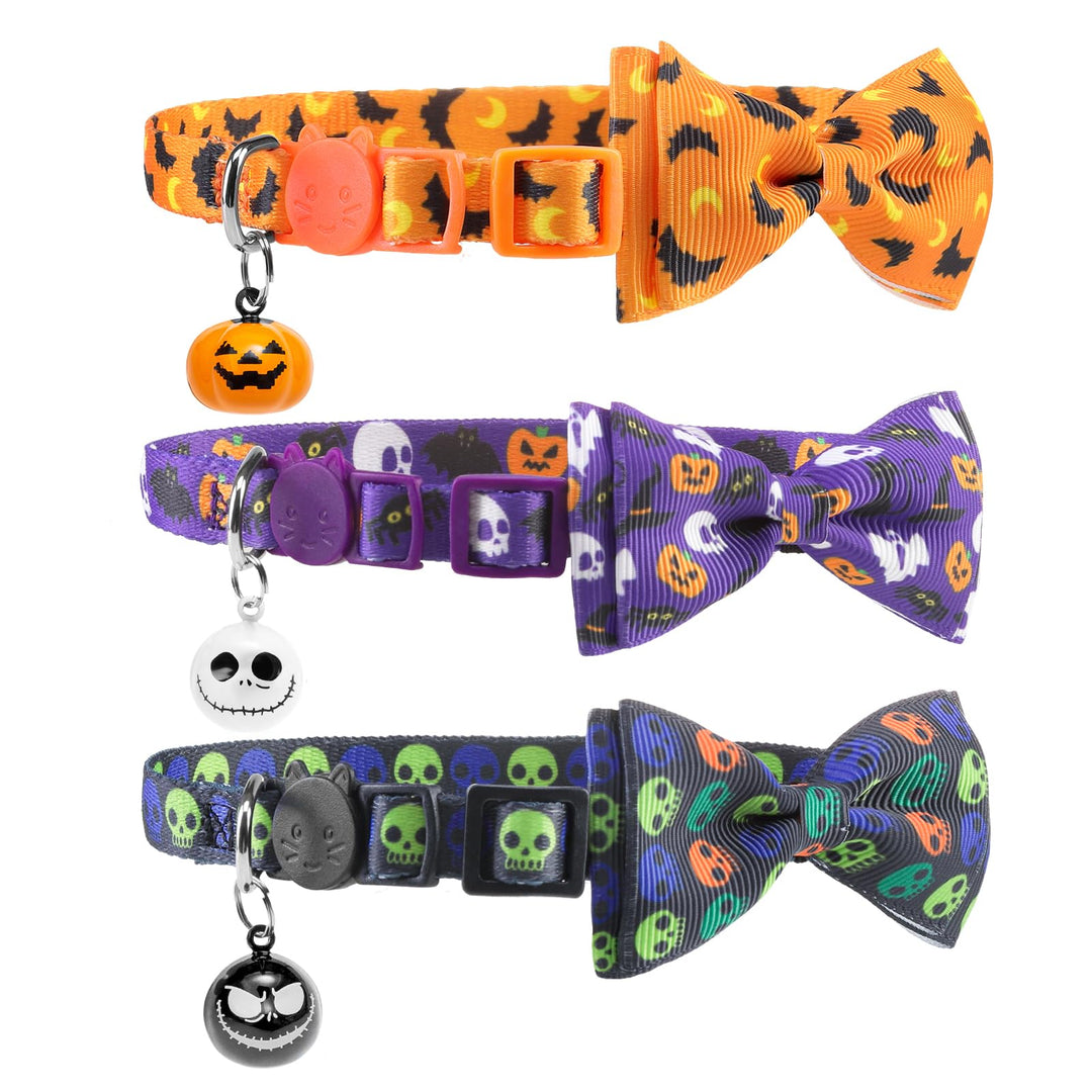 PUPTECK Halloween Cat Collar with Bell Breakaway 3 Packs Kitten Collar with Bowtie for Boy Girl Small Pets Puppy Bunny Outfit Costume