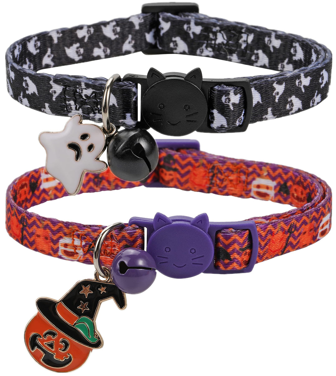 Set of 2 Cat Halloween Collar Breakaway Black and Orange Cat Collar with Ghost Pumpkin Charm and Bell