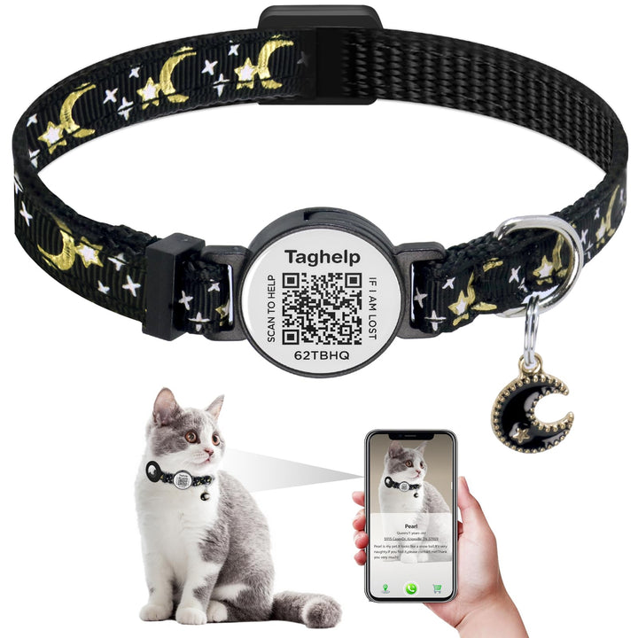 Upgraded Version - Cat Collar Stars and Moon Solid &amp; Safe Pet Collar Breakaway Cat Collar Smart ID tag.Real-time scan alerts | Shareable Pet Profile | No Subscription or fees(Black)