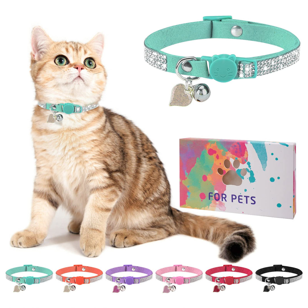 DILLYBUD Rhinestone Cat Collar Breakaway with Bell Diamond Cat Collar with Safety Buckle Quick Release for Girl Boy Small Kitten Pets PuppyCute Soft Female Male Cat Collars Color Green 8-12"